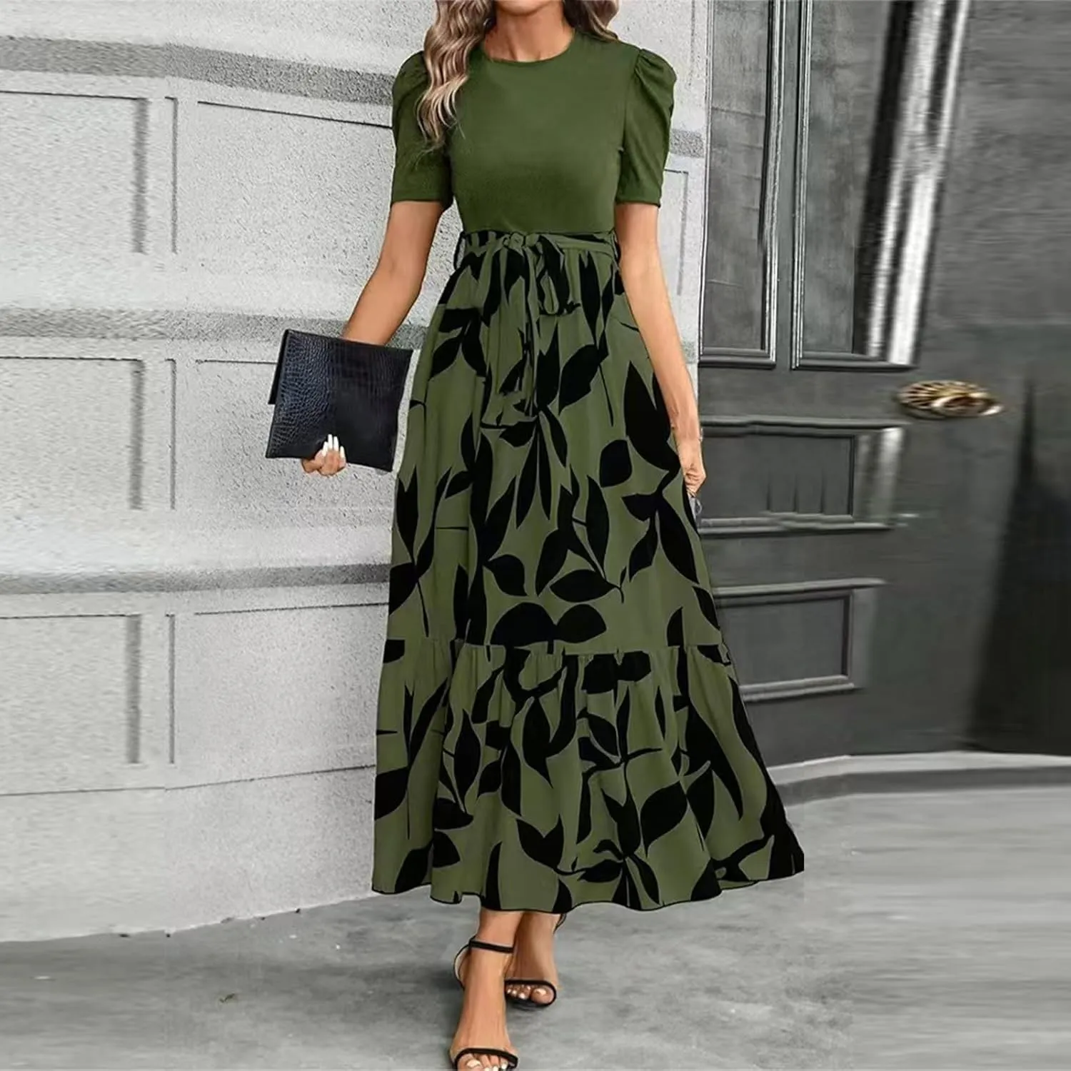 Summer Dresses for Women Casual A-Line Maxi Dress Elegant Flowy Long Dress High Waist Floral Printrd Dress with Belt