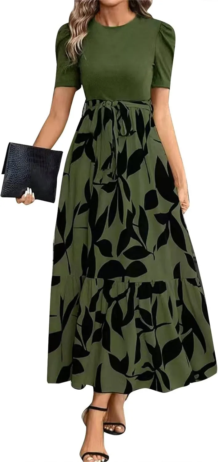 Summer Dresses for Women Casual A-Line Maxi Dress Elegant Flowy Long Dress High Waist Floral Printrd Dress with Belt