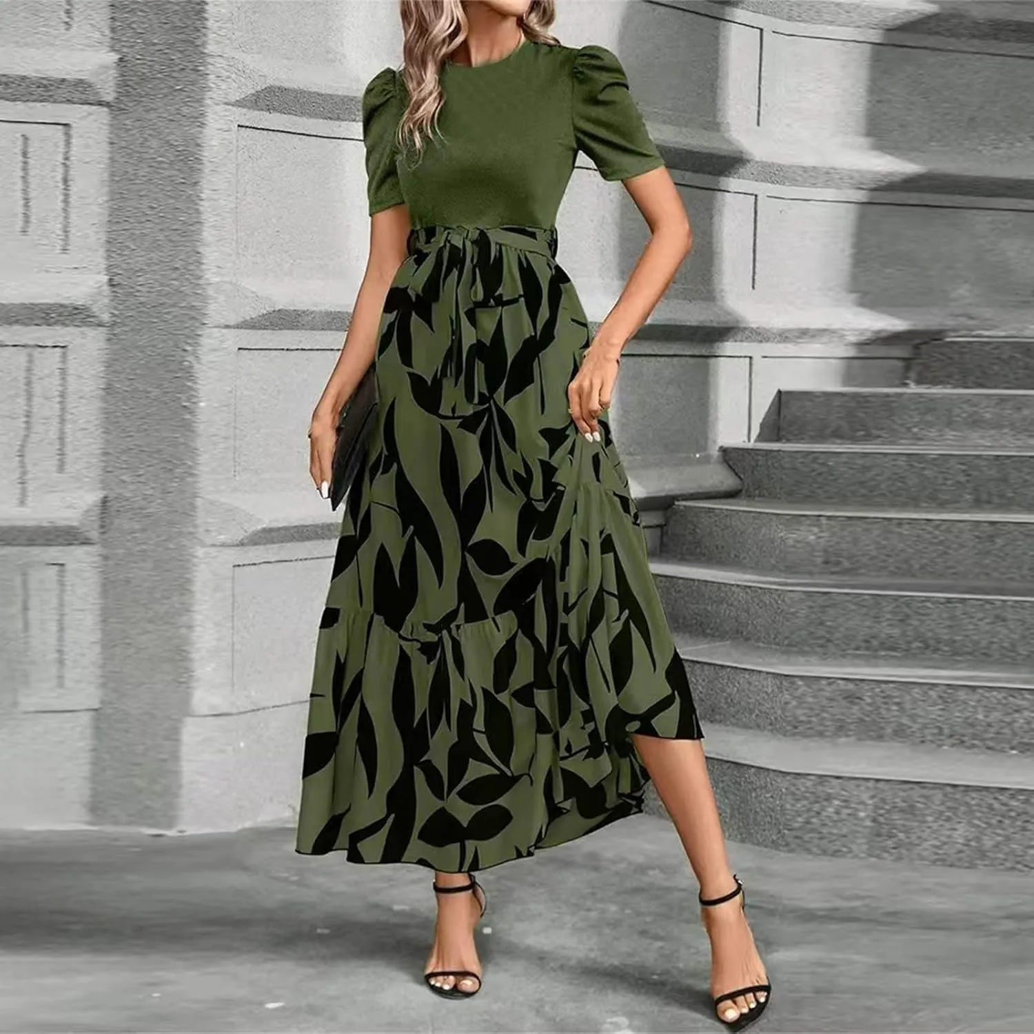 Summer Dresses for Women Casual A-Line Maxi Dress Elegant Flowy Long Dress High Waist Floral Printrd Dress with Belt