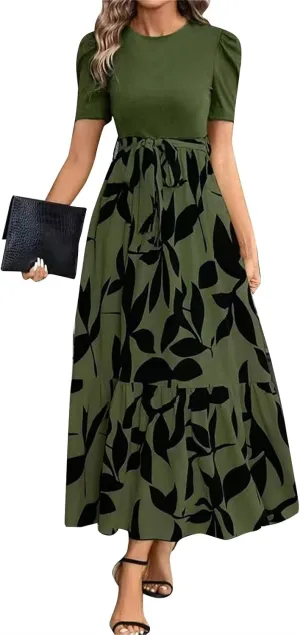 Summer Dresses for Women Casual A-Line Maxi Dress Elegant Flowy Long Dress High Waist Floral Printrd Dress with Belt