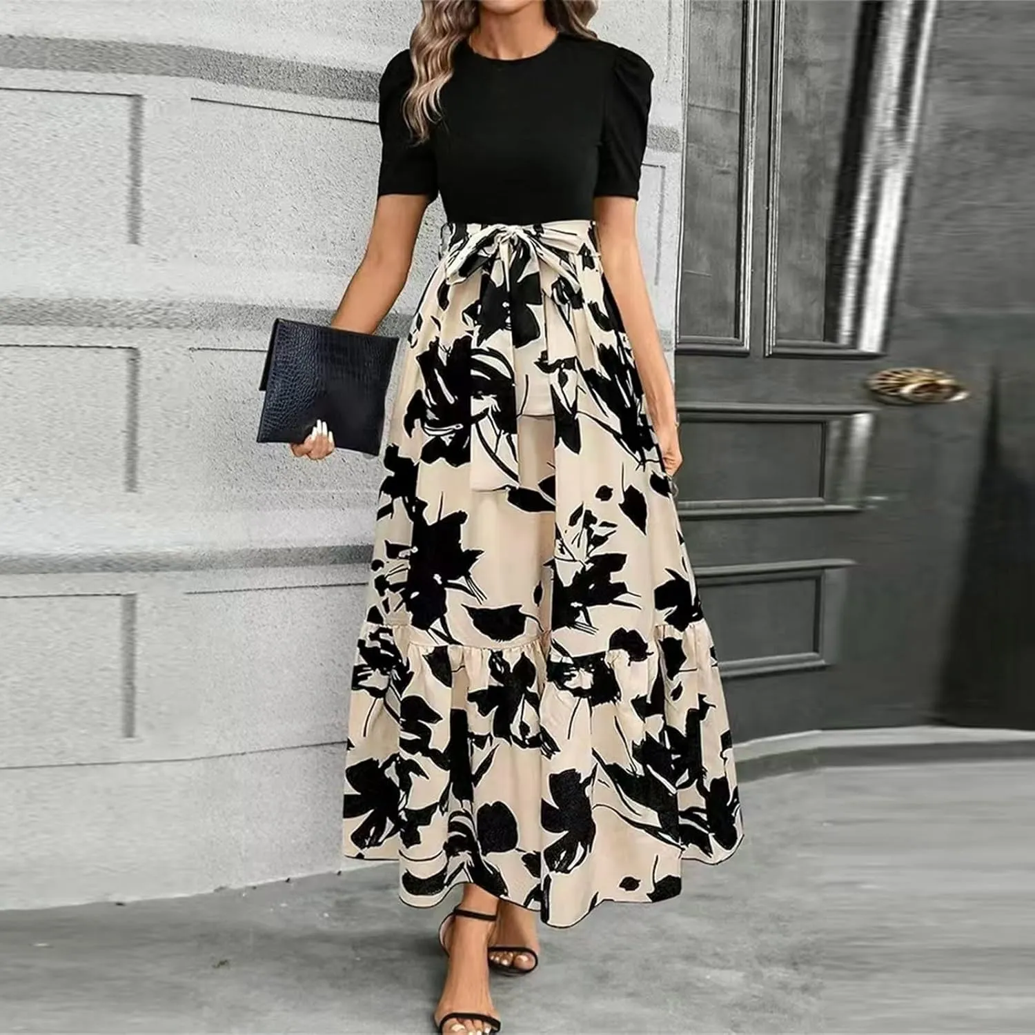 Summer Dresses for Women Casual A-Line Maxi Dress Elegant Flowy Long Dress High Waist Floral Printrd Dress with Belt