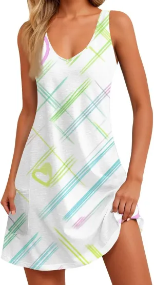 Summer Dresses for Women Casual Sleeveless Boho Beach Dress Floral Print Round Neck Tank Dress with Pockets