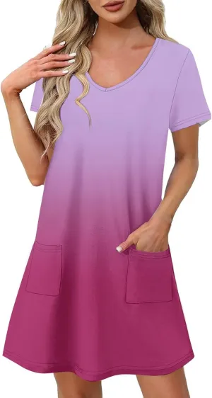 Summer Dresses for Women Casual Spring Short Dress V Neck Gradient Color Loose Shift Dress