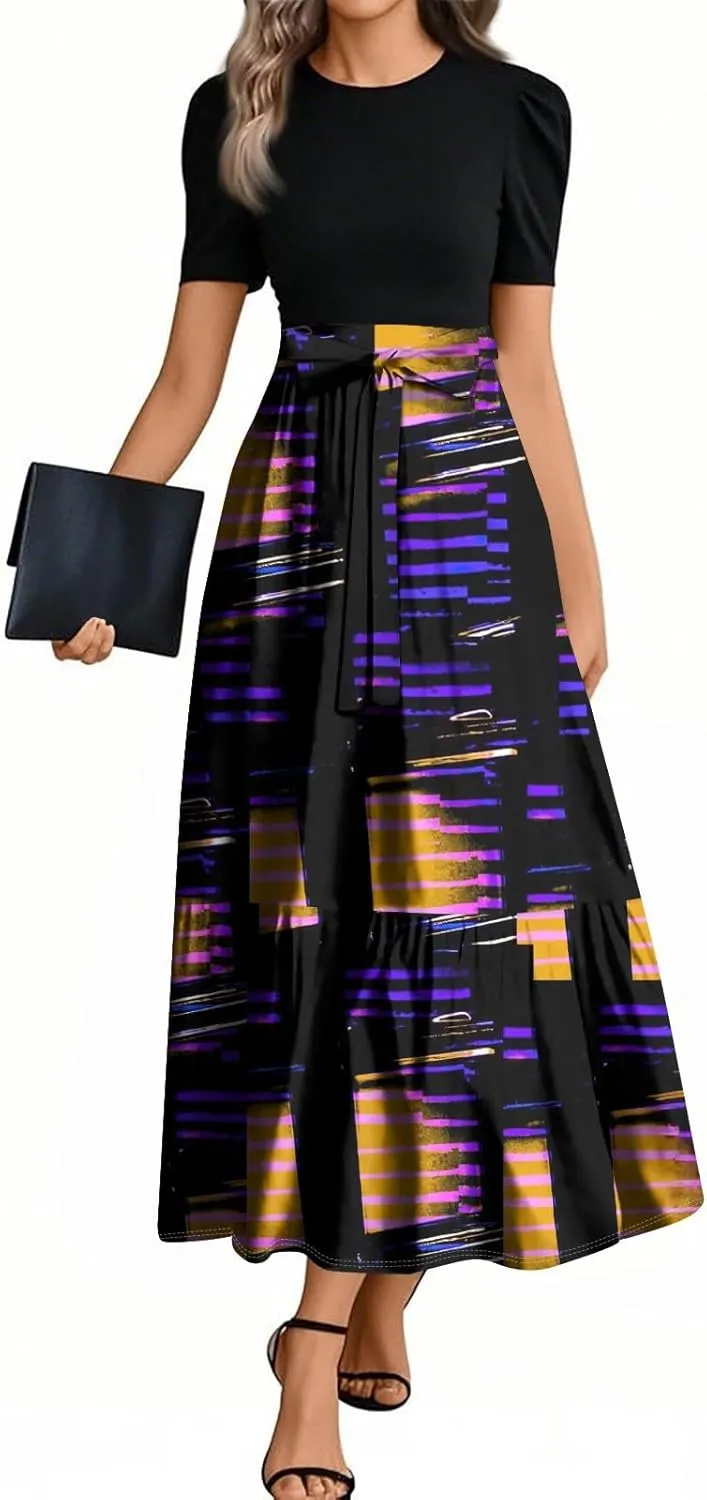 Summer Dresses for Women Elegant High Waist Maxi Dress Flowy Casual Long Dress A-Line Floral Printrd Dress with Belt