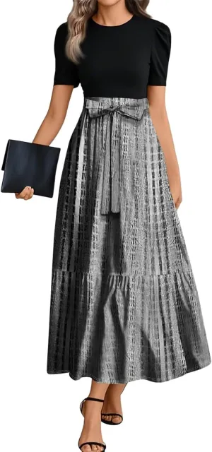 Summer Dresses for Women Elegant High Waist Maxi Dress Flowy Casual Long Dress A-Line Floral Printrd Dress with Belt
