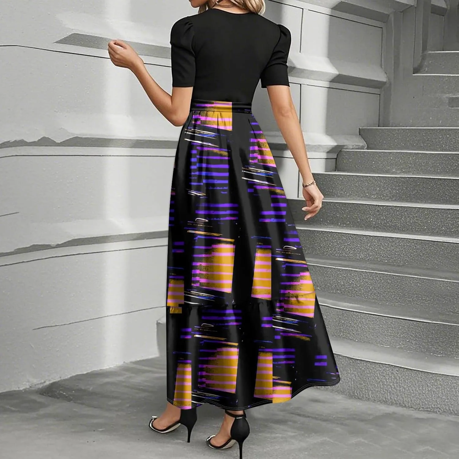 Summer Dresses for Women Elegant High Waist Maxi Dress Flowy Casual Long Dress A-Line Floral Printrd Dress with Belt