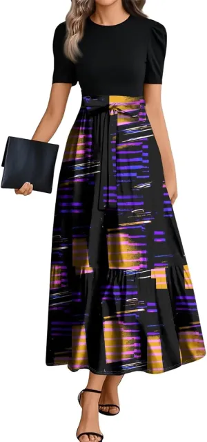 Summer Dresses for Women Elegant High Waist Maxi Dress Flowy Casual Long Dress A-Line Floral Printrd Dress with Belt