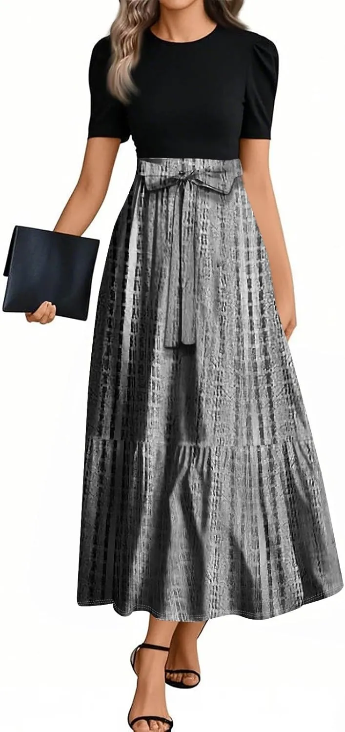 Summer Dresses for Women Elegant High Waist Maxi Dress Flowy Casual Long Dress A-Line Floral Printrd Dress with Belt
