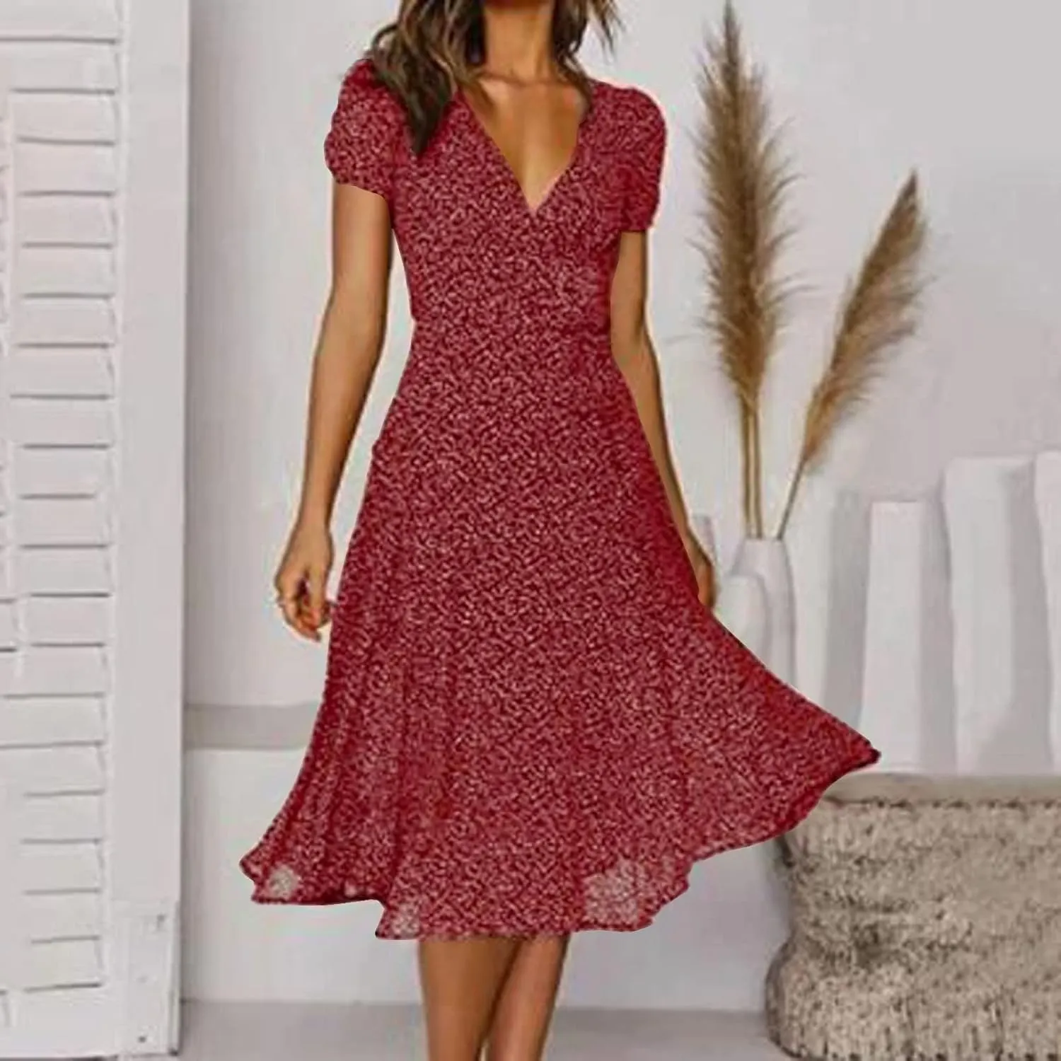Summer Dresses for Women Floral Boho Dress Beach Casual Mid Length Dress Short Sleeve Flowy Elegant Midi Dresses