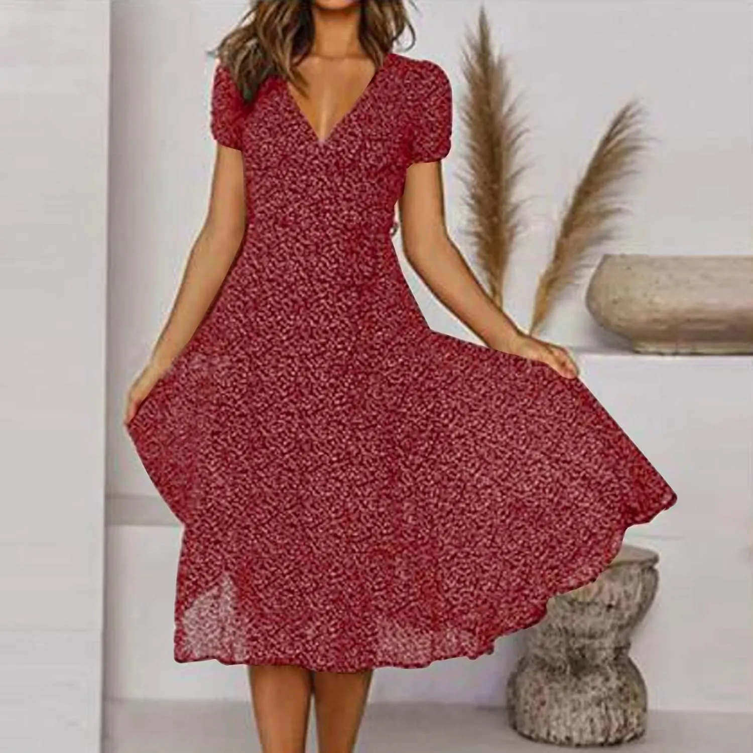 Summer Dresses for Women Floral Boho Dress Beach Casual Mid Length Dress Short Sleeve Flowy Elegant Midi Dresses