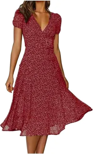 Summer Dresses for Women Floral Boho Dress Beach Casual Mid Length Dress Short Sleeve Flowy Elegant Midi Dresses