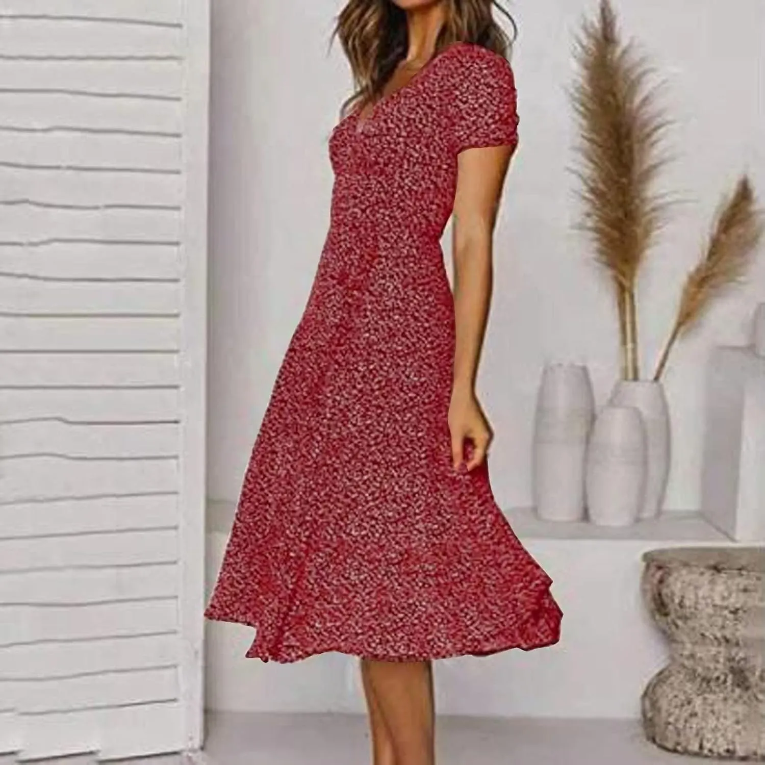 Summer Dresses for Women Floral Boho Dress Beach Casual Mid Length Dress Short Sleeve Flowy Elegant Midi Dresses