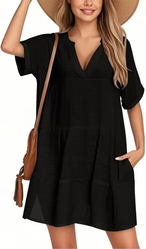 Summer Dresses for Women Short Sleeve Sundresses Vacation V Neck Knee Length Beach Casual Resort Dress