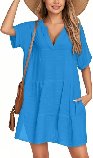 Summer Dresses for Women Short Sleeve Sundresses Vacation V Neck Knee Length Beach Casual Resort Dress