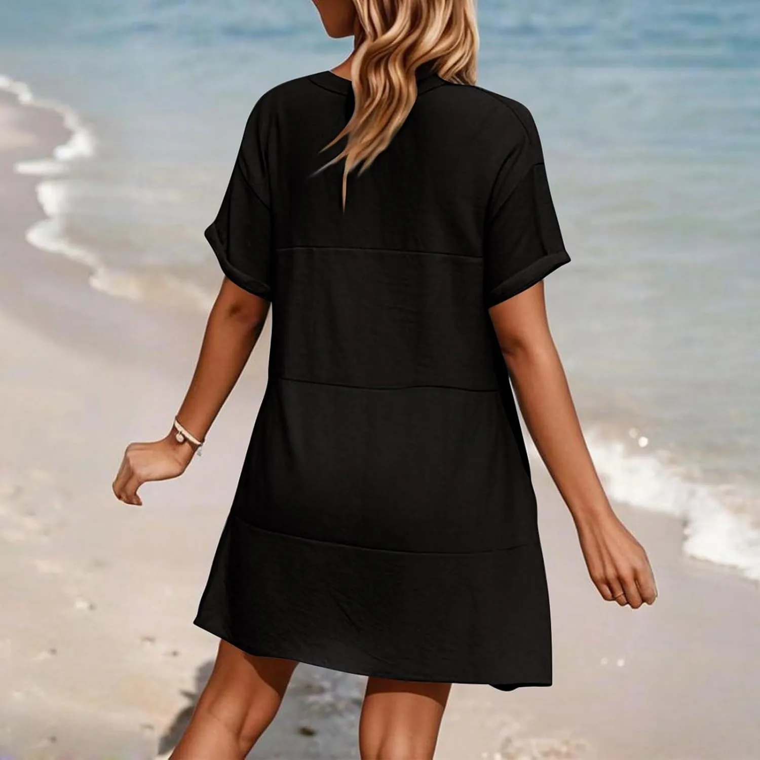 Summer Dresses for Women Short Sleeve Sundresses Vacation V Neck Knee Length Beach Casual Resort Dress