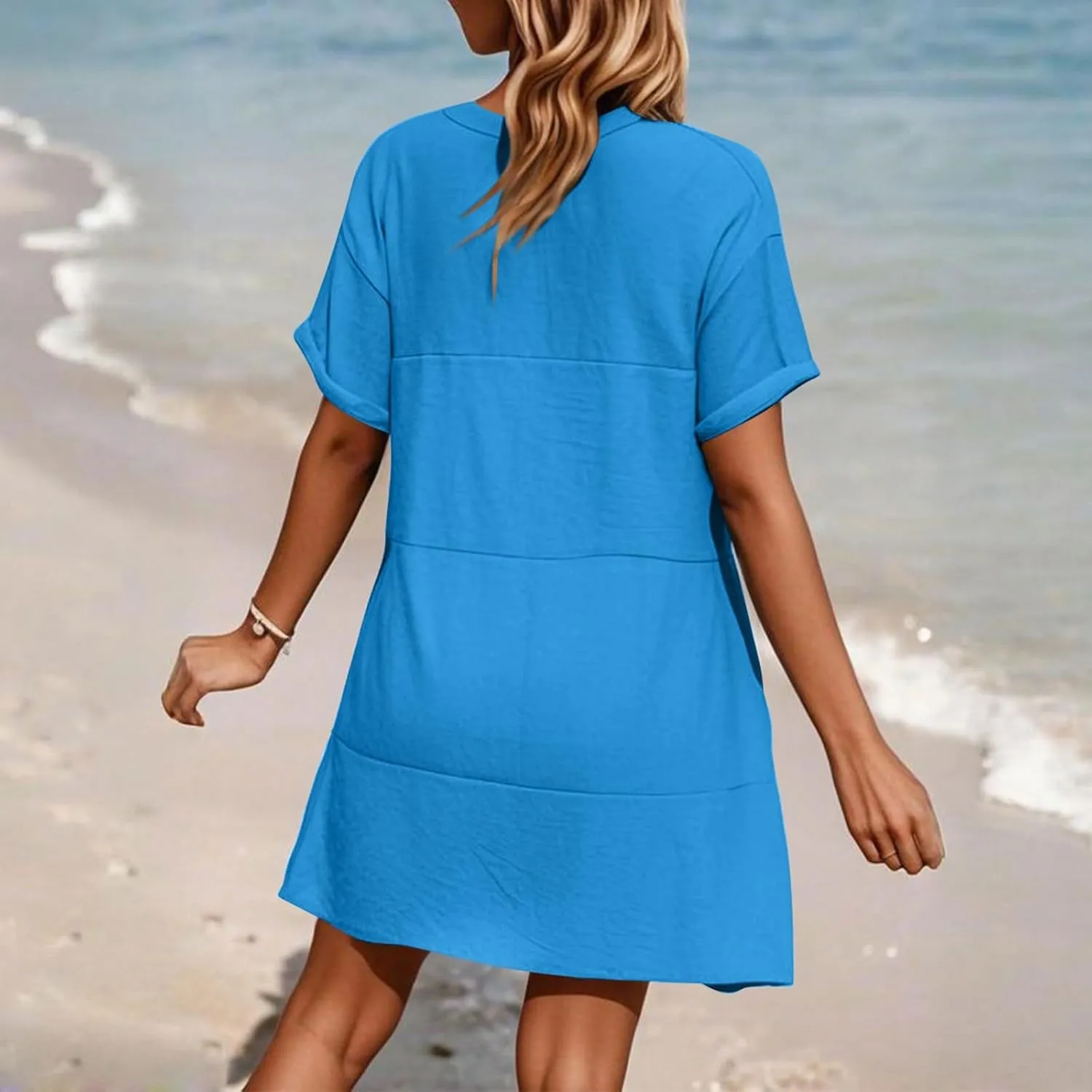 Summer Dresses for Women Short Sleeve Sundresses Vacation V Neck Knee Length Beach Casual Resort Dress