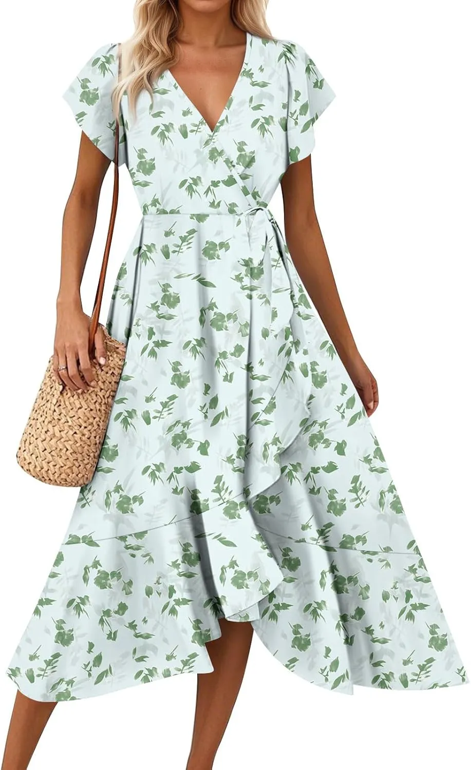 Summer Floral Dresses for Women 2025 Maxi V Neck Short Flutter Sleeve Wrap Tie Empire Waist Long Flowy Ruffle A Line Dress