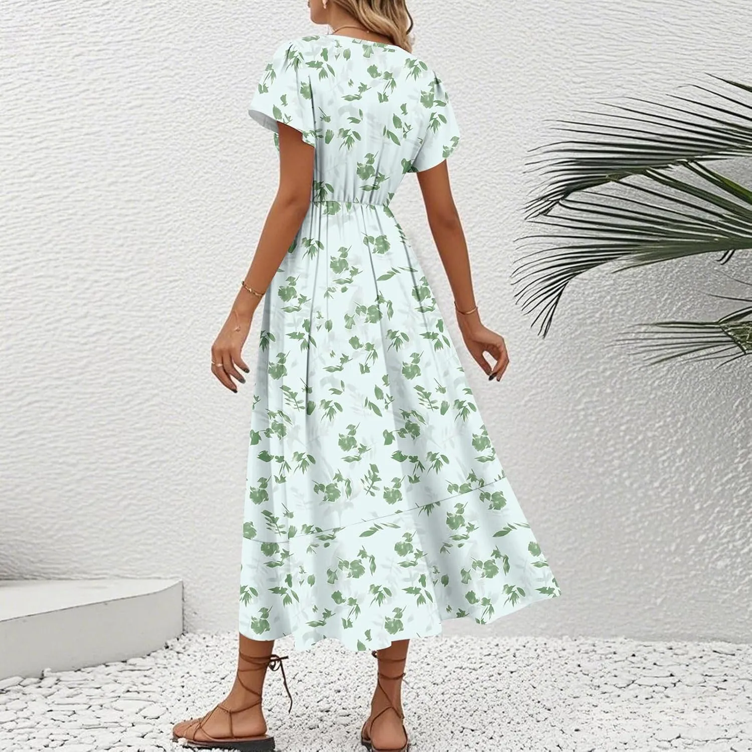 Summer Floral Dresses for Women 2025 Maxi V Neck Short Flutter Sleeve Wrap Tie Empire Waist Long Flowy Ruffle A Line Dress