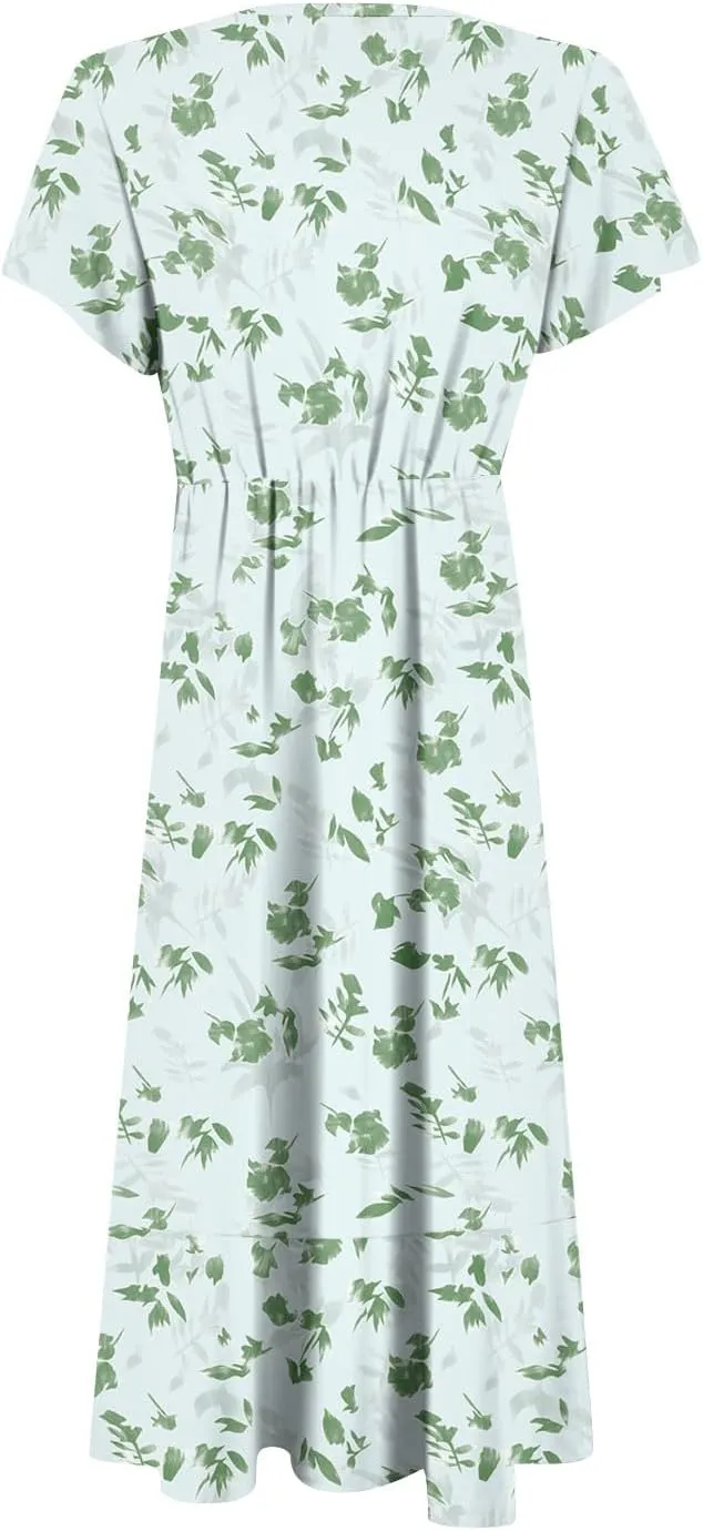 Summer Floral Dresses for Women 2025 Maxi V Neck Short Flutter Sleeve Wrap Tie Empire Waist Long Flowy Ruffle A Line Dress