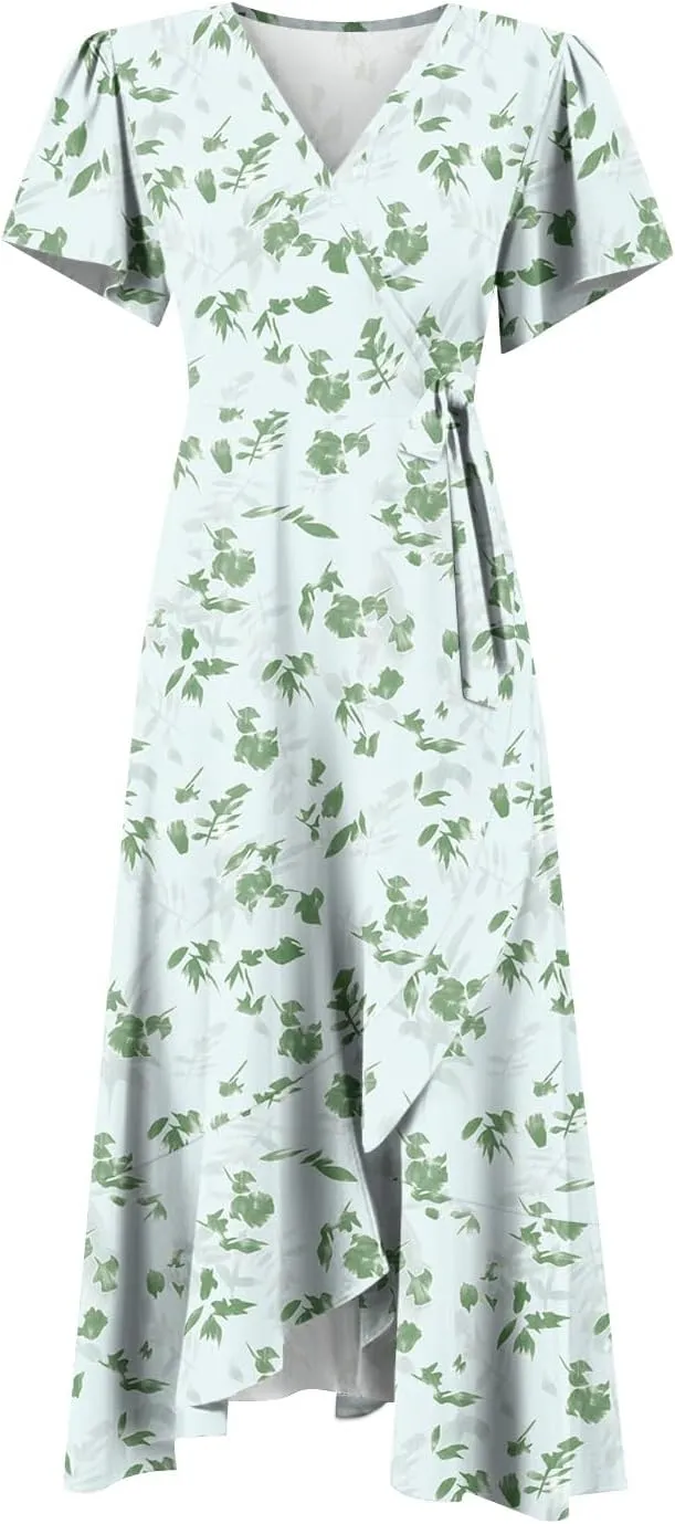 Summer Floral Dresses for Women 2025 Maxi V Neck Short Flutter Sleeve Wrap Tie Empire Waist Long Flowy Ruffle A Line Dress