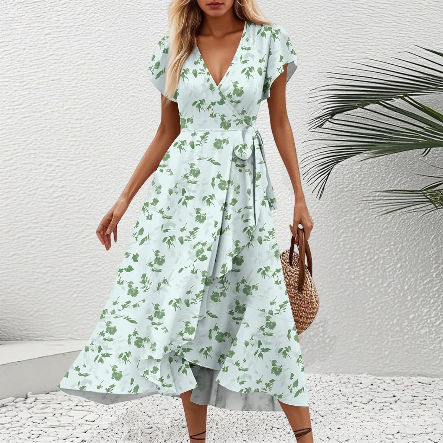 Summer Floral Dresses for Women 2025 Maxi V Neck Short Flutter Sleeve Wrap Tie Empire Waist Long Flowy Ruffle A Line Dress