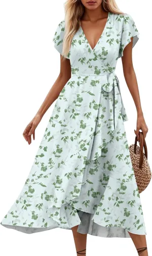 Summer Floral Dresses for Women 2025 Maxi V Neck Short Flutter Sleeve Wrap Tie Empire Waist Long Flowy Ruffle A Line Dress