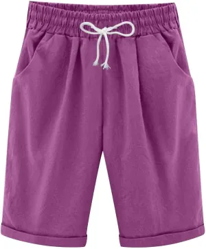 Summer Knee Length Shorts for Women Cotton Linen Bermuda Shorts Elastic Waist Workout Shorts Loose Beach Shorts, Blue