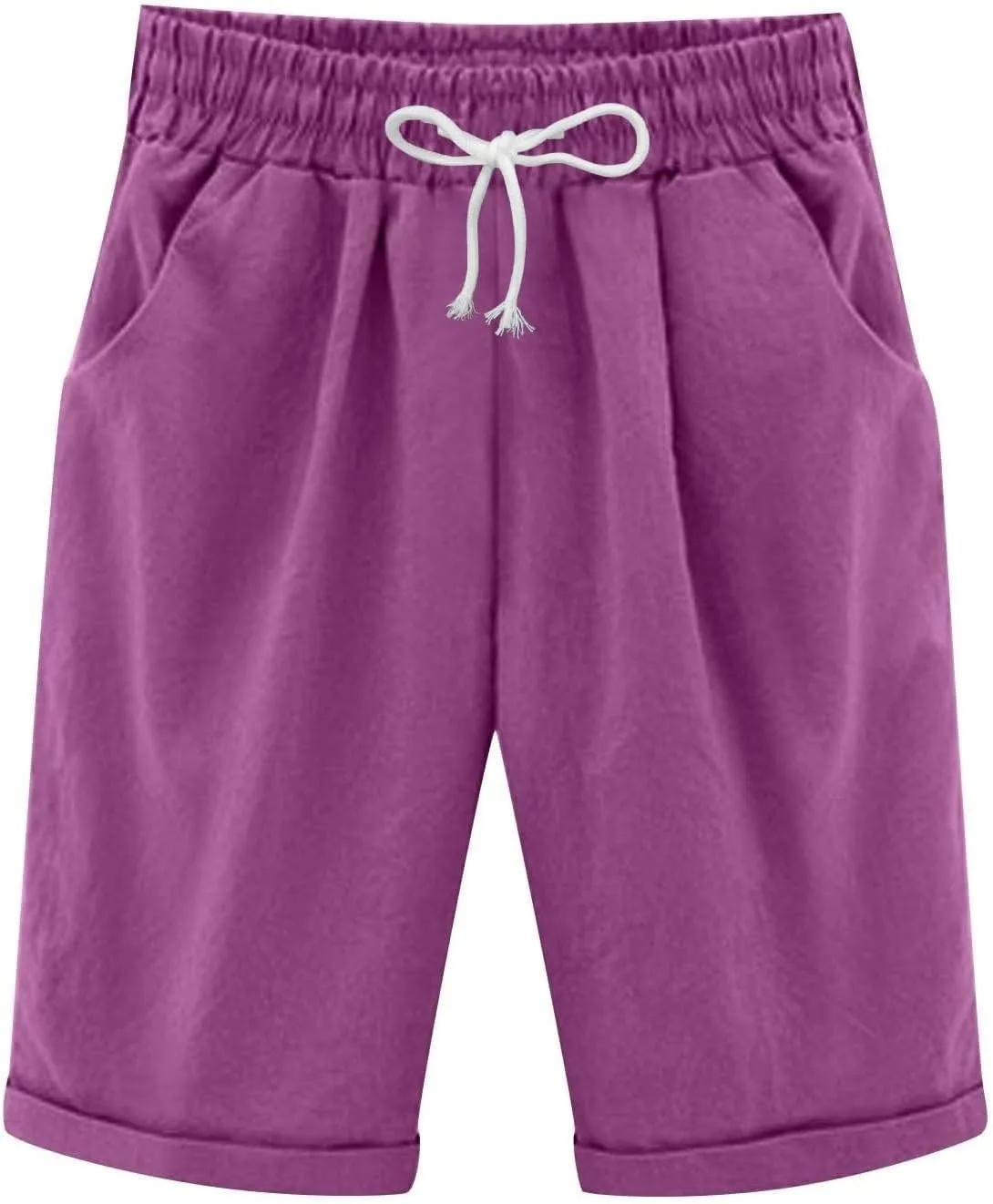 Summer Knee Length Shorts for Women Cotton Linen Bermuda Shorts Elastic Waist Workout Shorts Loose Beach Shorts, Blue