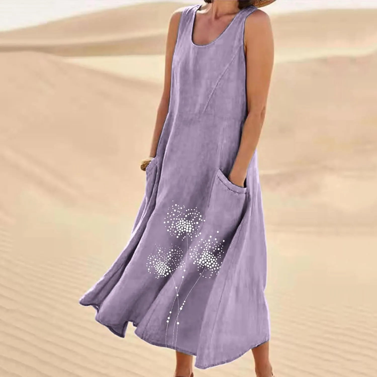 Summer Linen Dresses for Women 2025 Sleeveless Crewneck Print Casual Boho Midi Sundress Beach Vacation Outfit Pockets