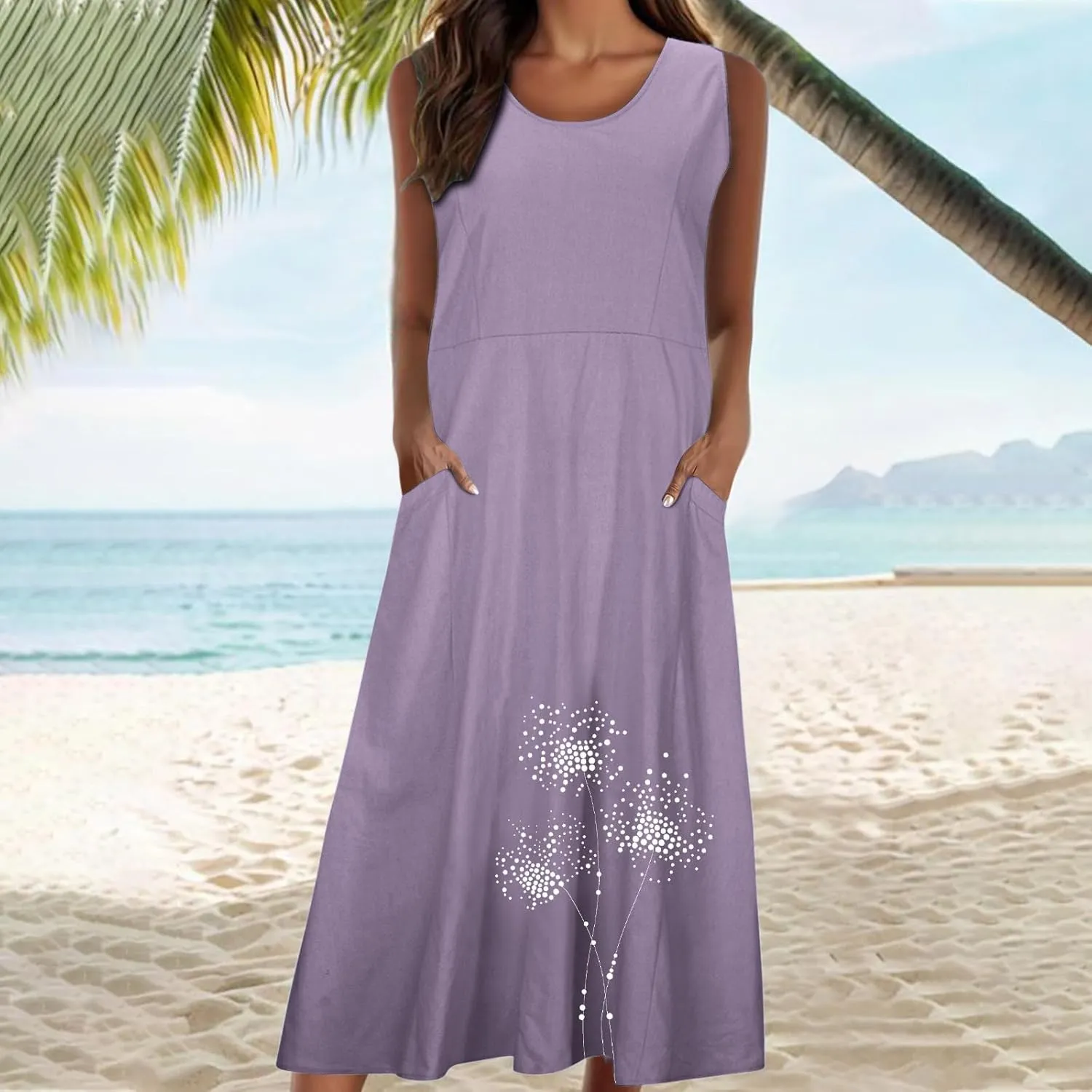 Summer Linen Dresses for Women 2025 Sleeveless Crewneck Print Casual Boho Midi Sundress Beach Vacation Outfit Pockets