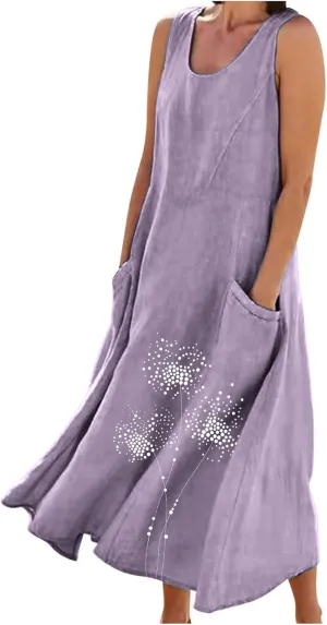 Summer Linen Dresses for Women 2025 Sleeveless Crewneck Print Casual Boho Midi Sundress Beach Vacation Outfit Pockets