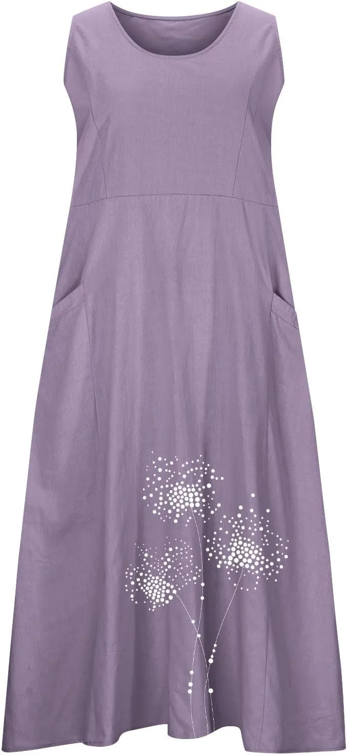 Summer Linen Dresses for Women 2025 Sleeveless Crewneck Print Casual Boho Midi Sundress Beach Vacation Outfit Pockets