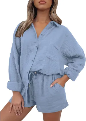 Summer Linen Two Piece Sets for Women Beach Vacation Lounge Sets Oversized Shirts and Shorts Travel Outfits Tracksuits