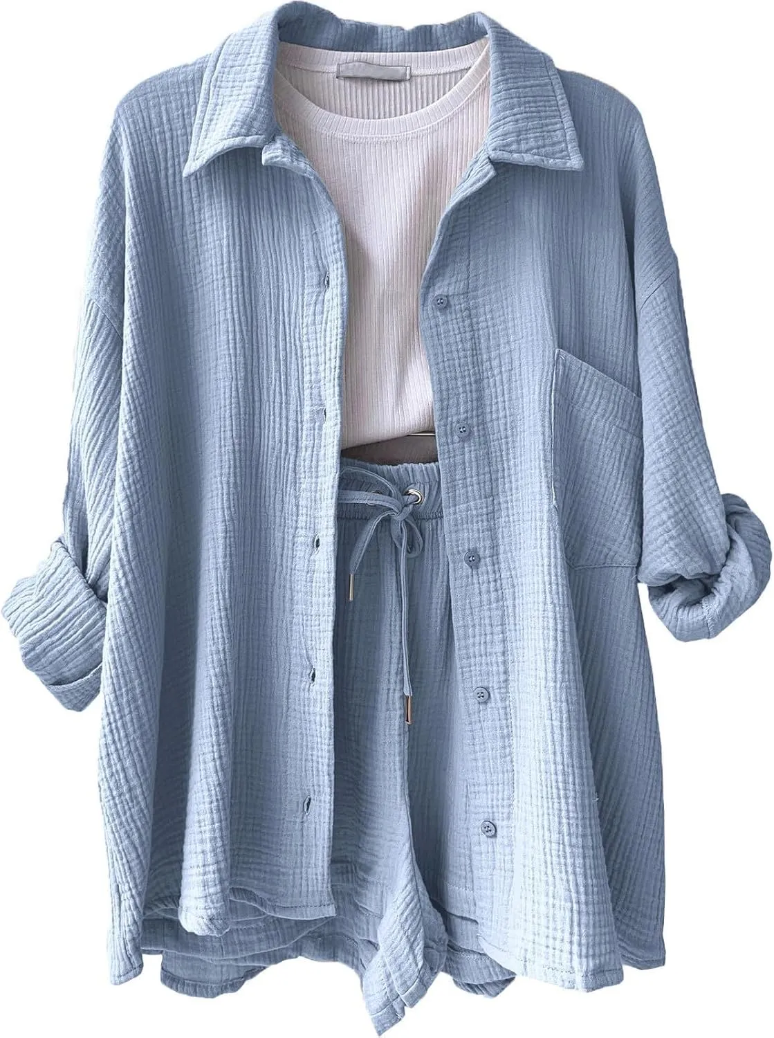 Summer Linen Two Piece Sets for Women Beach Vacation Lounge Sets Oversized Shirts and Shorts Travel Outfits Tracksuits