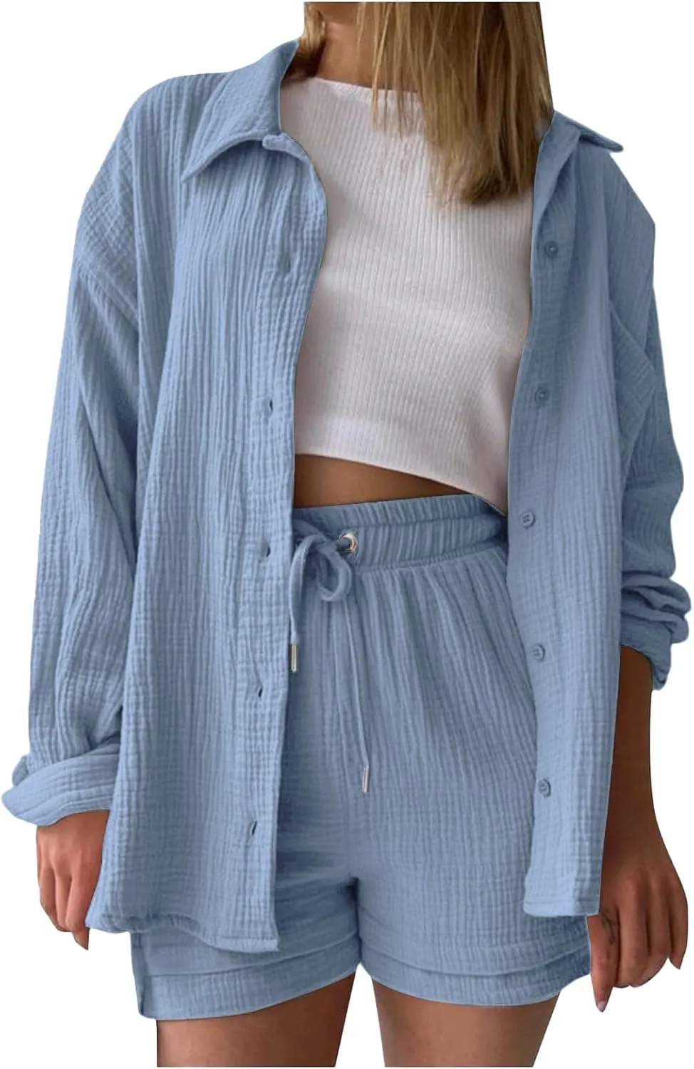 Summer Linen Two Piece Sets for Women Beach Vacation Lounge Sets Oversized Shirts and Shorts Travel Outfits Tracksuits