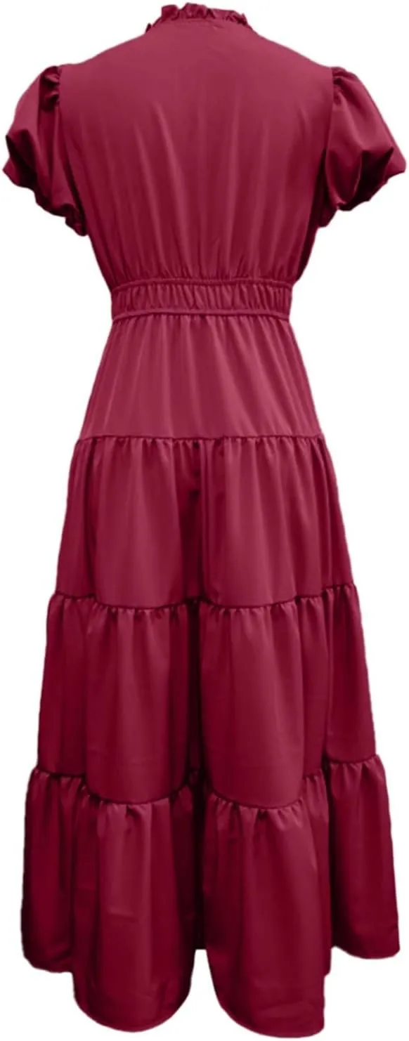 Summer Long Dresses for Women Flowy V Neck Puff Short Sleeve Tiered Ruffle Hem Wedding Guest Shirt Dress Womens Church Outfit