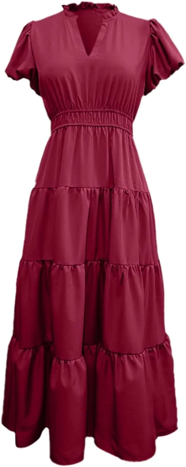 Summer Long Dresses for Women Flowy V Neck Puff Short Sleeve Tiered Ruffle Hem Wedding Guest Shirt Dress Womens Church Outfit