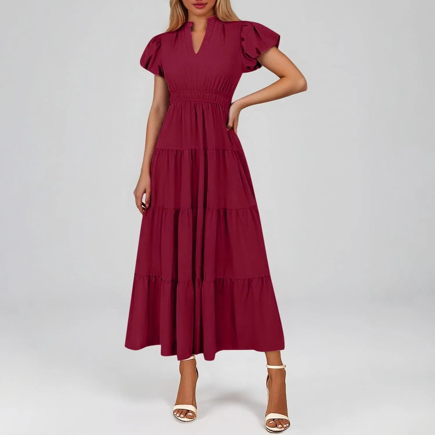 Summer Long Dresses for Women Flowy V Neck Puff Short Sleeve Tiered Ruffle Hem Wedding Guest Shirt Dress Womens Church Outfit