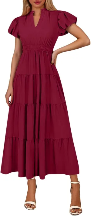Summer Long Dresses for Women Flowy V Neck Puff Short Sleeve Tiered Ruffle Hem Wedding Guest Shirt Dress Womens Church Outfit