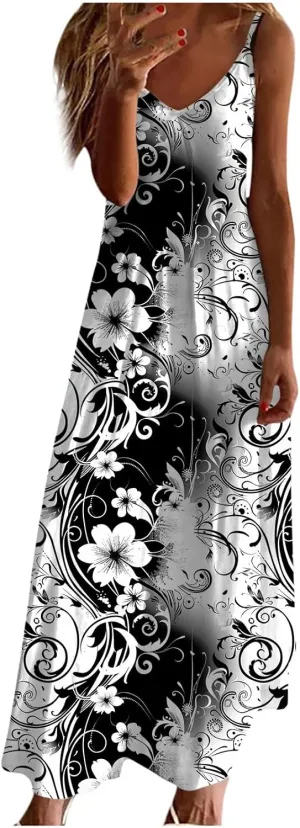 Summer Maxi Dresses for Women 2024 Sexy Floral Slip Dress Trendy Long V Neck Sun Dress Casual Summer Beach Vacation Outfits