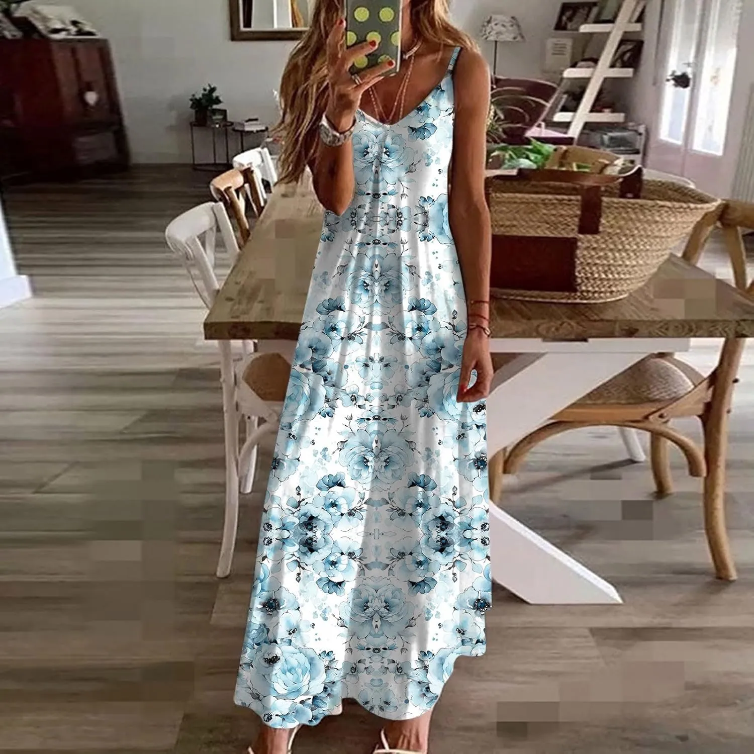 Summer Maxi Dresses for Women 2024 Sexy Floral Slip Dress Trendy Long V Neck Sun Dress Casual Summer Beach Vacation Outfits