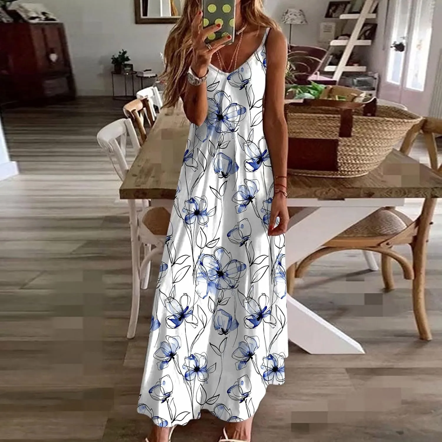 Summer Maxi Dresses for Women 2024 Sexy Floral Slip Dress Trendy Long V Neck Sun Dress Casual Summer Beach Vacation Outfits