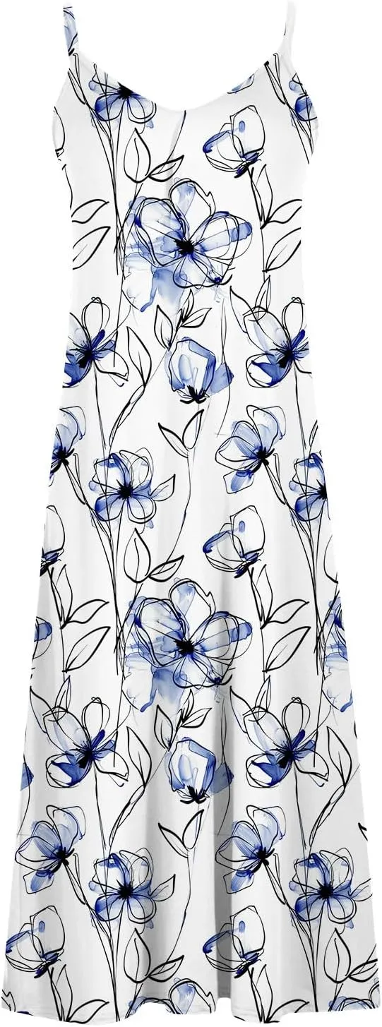 Summer Maxi Dresses for Women 2024 Sexy Floral Slip Dress Trendy Long V Neck Sun Dress Casual Summer Beach Vacation Outfits
