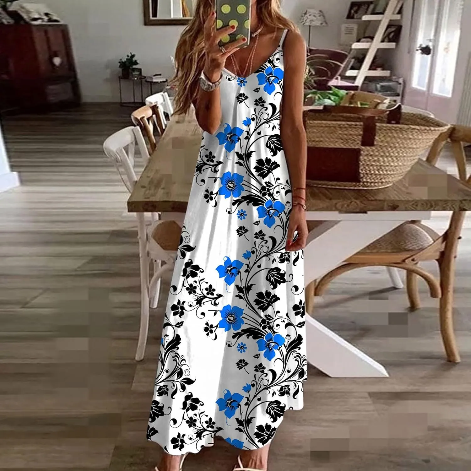 Summer Maxi Dresses for Women 2024 Sexy Floral Slip Dress Trendy Long V Neck Sun Dress Casual Summer Beach Vacation Outfits