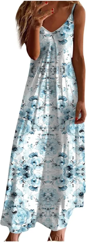 Summer Maxi Dresses for Women 2024 Sexy Floral Slip Dress Trendy Long V Neck Sun Dress Casual Summer Beach Vacation Outfits