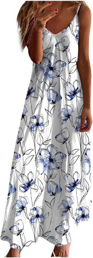 Summer Maxi Dresses for Women 2024 Sexy Floral Slip Dress Trendy Long V Neck Sun Dress Casual Summer Beach Vacation Outfits