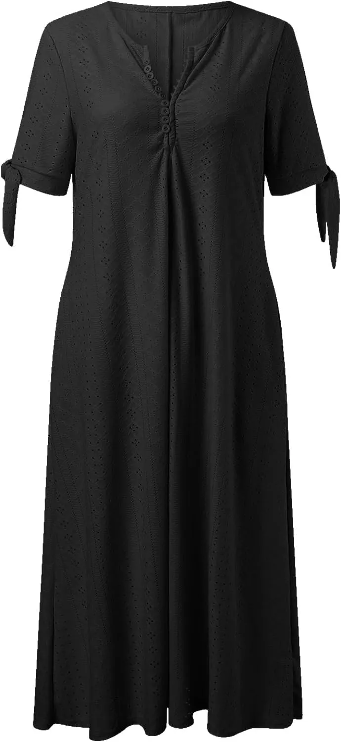 Summer Maxi Dresses for Women 2025 Vacation Casual V Neck Eyelet Dress with Sleeves Pockets Wedding Guest Church Outfits