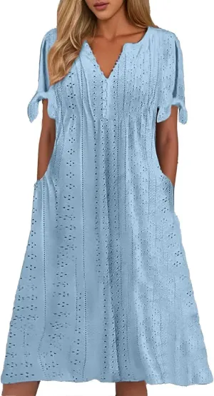 Summer Maxi Dresses for Women 2025 Vacation Casual V Neck Eyelet Dress with Sleeves Pockets Wedding Guest Church Outfits