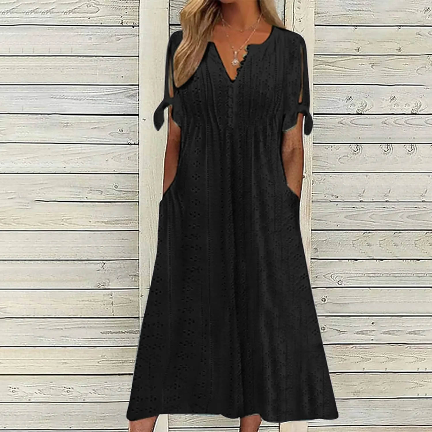 Summer Maxi Dresses for Women 2025 Vacation Casual V Neck Eyelet Dress with Sleeves Pockets Wedding Guest Church Outfits