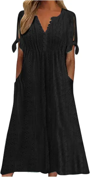 Summer Maxi Dresses for Women 2025 Vacation Casual V Neck Eyelet Dress with Sleeves Pockets Wedding Guest Church Outfits